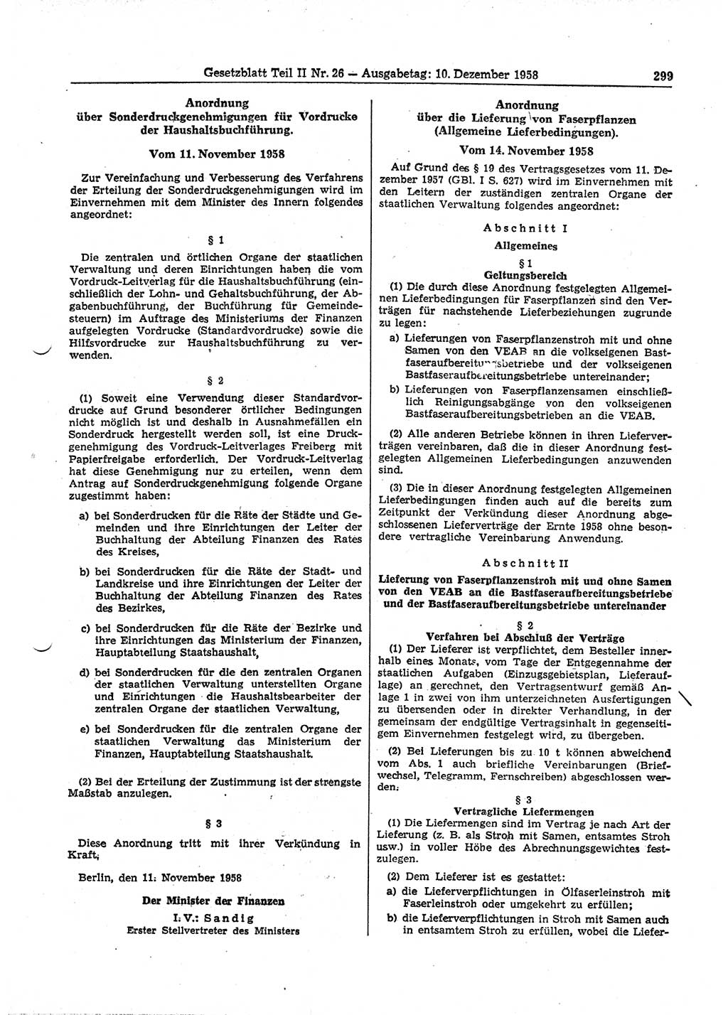 Gesetzblatt (GBl.) der Deutschen Demokratischen Republik (DDR) Teil ⅠⅠ 1958, Seite 299 (GBl. DDR ⅠⅠ 1958, S. 299)