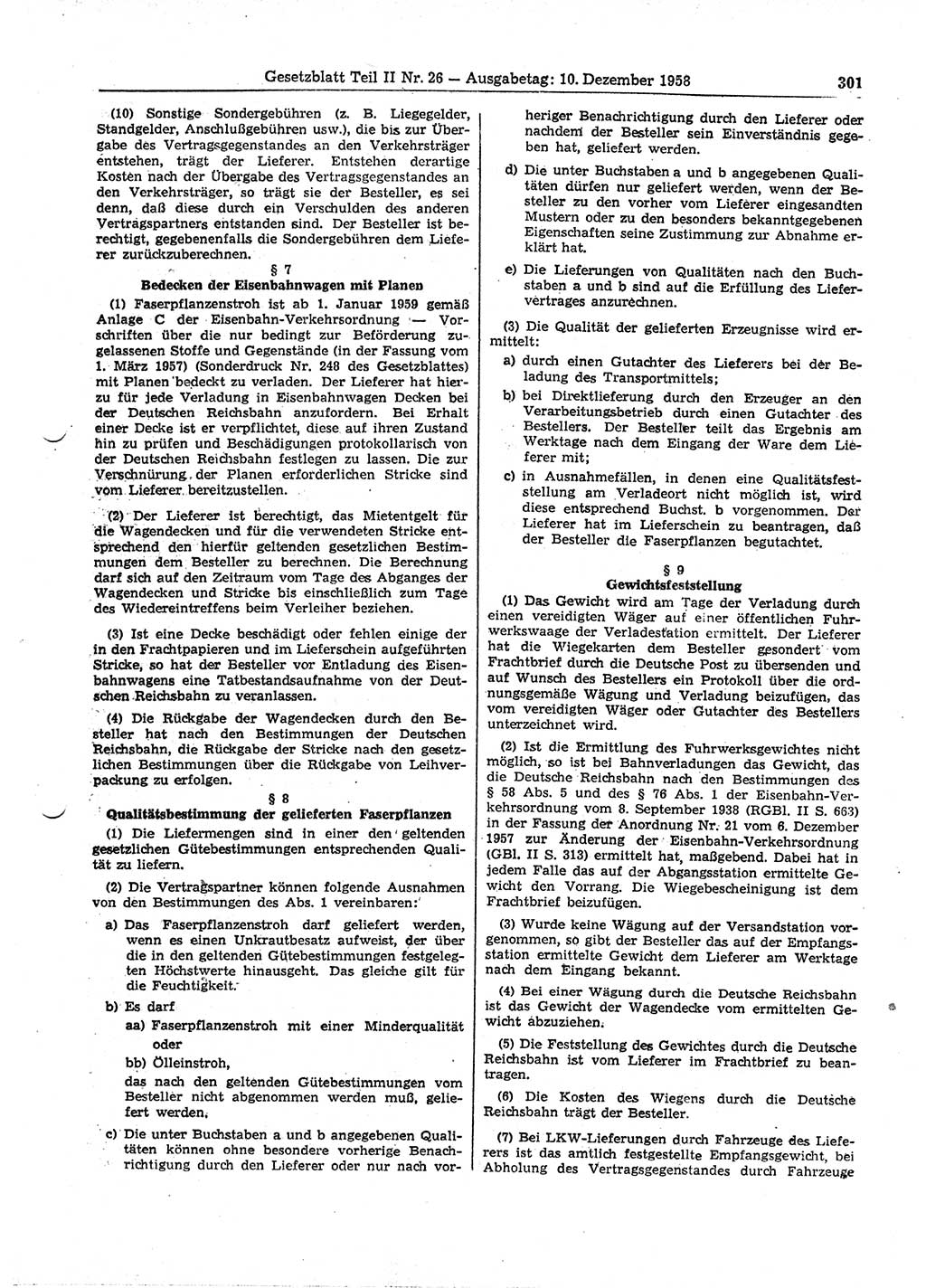 Gesetzblatt (GBl.) der Deutschen Demokratischen Republik (DDR) Teil ⅠⅠ 1958, Seite 301 (GBl. DDR ⅠⅠ 1958, S. 301)