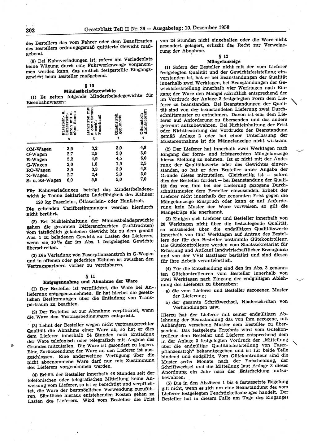 Gesetzblatt (GBl.) der Deutschen Demokratischen Republik (DDR) Teil ⅠⅠ 1958, Seite 302 (GBl. DDR ⅠⅠ 1958, S. 302)
