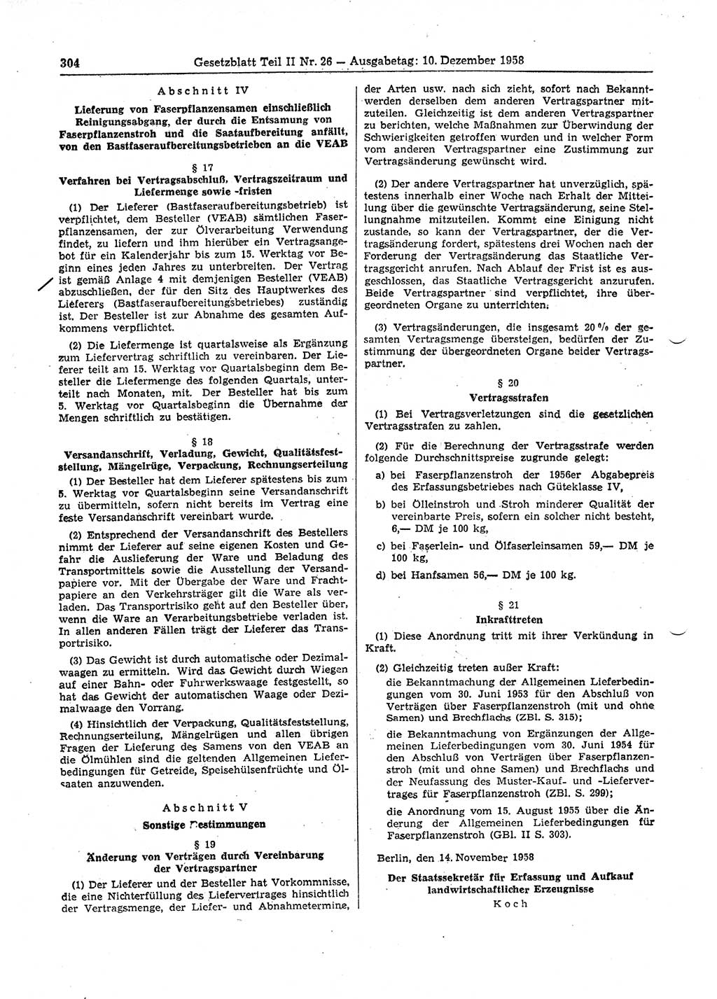 Gesetzblatt (GBl.) der Deutschen Demokratischen Republik (DDR) Teil ⅠⅠ 1958, Seite 304 (GBl. DDR ⅠⅠ 1958, S. 304)