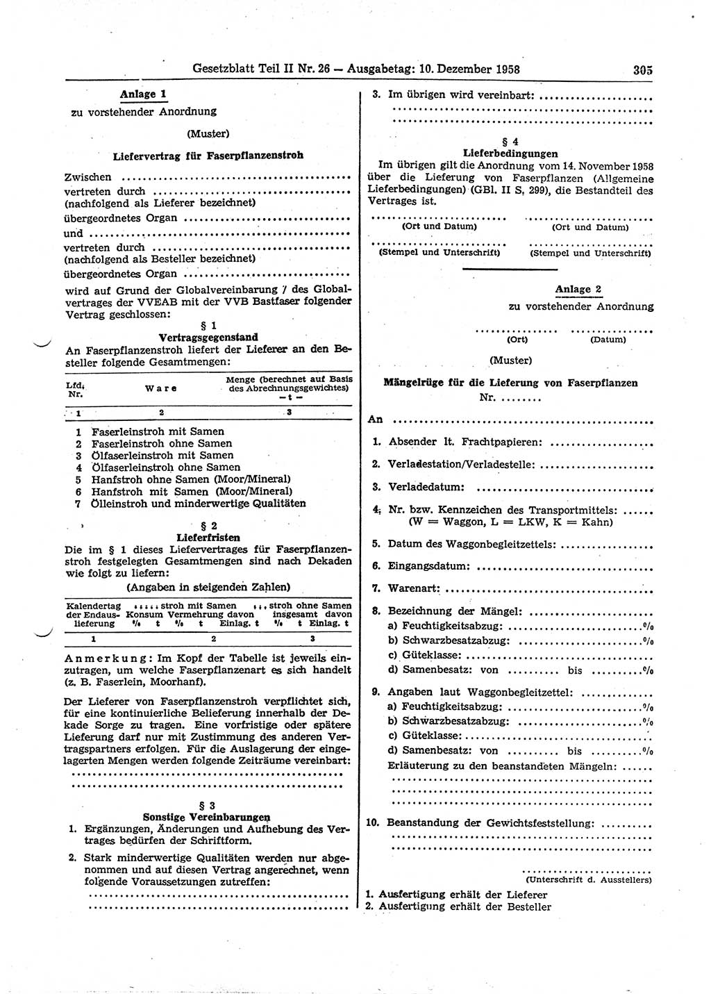 Gesetzblatt (GBl.) der Deutschen Demokratischen Republik (DDR) Teil ⅠⅠ 1958, Seite 305 (GBl. DDR ⅠⅠ 1958, S. 305)
