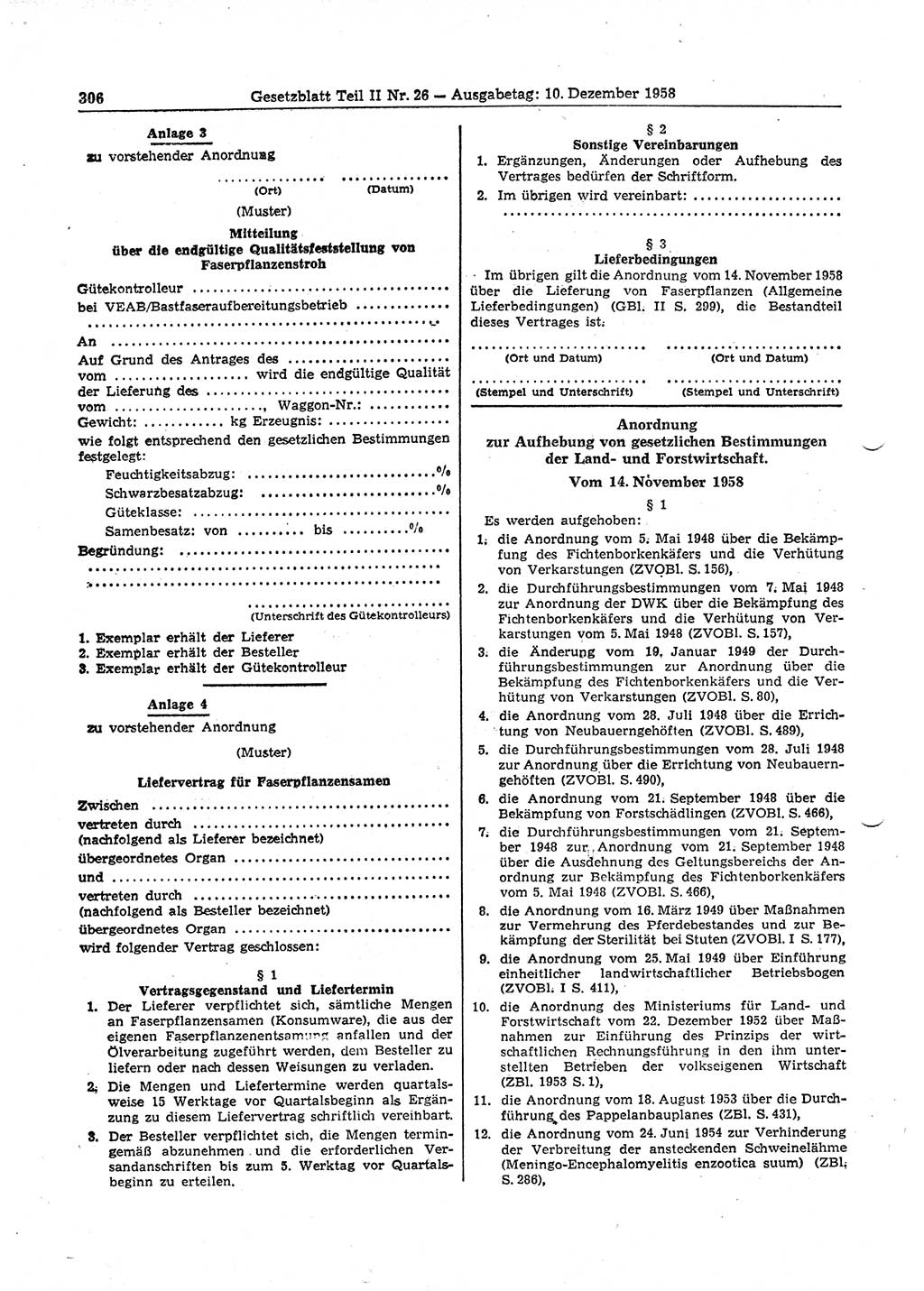 Gesetzblatt (GBl.) der Deutschen Demokratischen Republik (DDR) Teil ⅠⅠ 1958, Seite 306 (GBl. DDR ⅠⅠ 1958, S. 306)