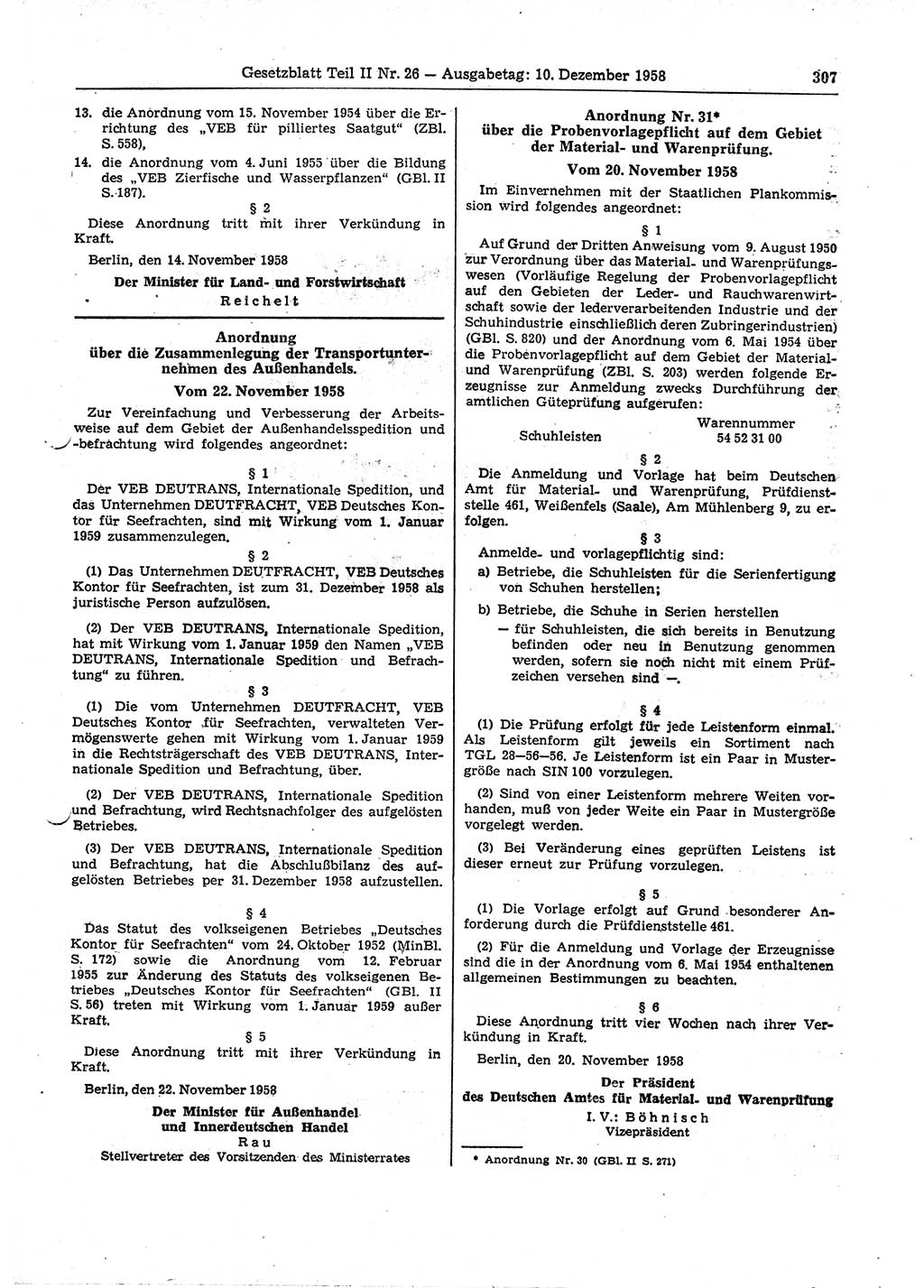 Gesetzblatt (GBl.) der Deutschen Demokratischen Republik (DDR) Teil ⅠⅠ 1958, Seite 307 (GBl. DDR ⅠⅠ 1958, S. 307)