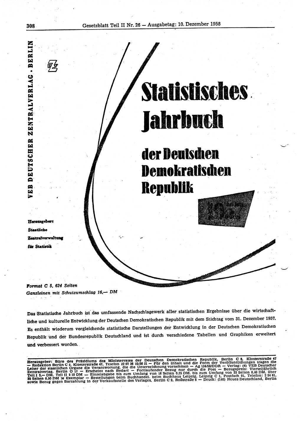 Gesetzblatt (GBl.) der Deutschen Demokratischen Republik (DDR) Teil ⅠⅠ 1958, Seite 308 (GBl. DDR ⅠⅠ 1958, S. 308)