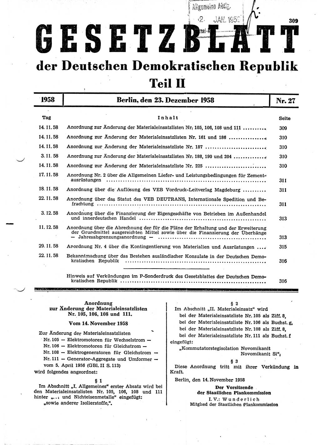 Gesetzblatt (GBl.) der Deutschen Demokratischen Republik (DDR) Teil ⅠⅠ 1958, Seite 309 (GBl. DDR ⅠⅠ 1958, S. 309)