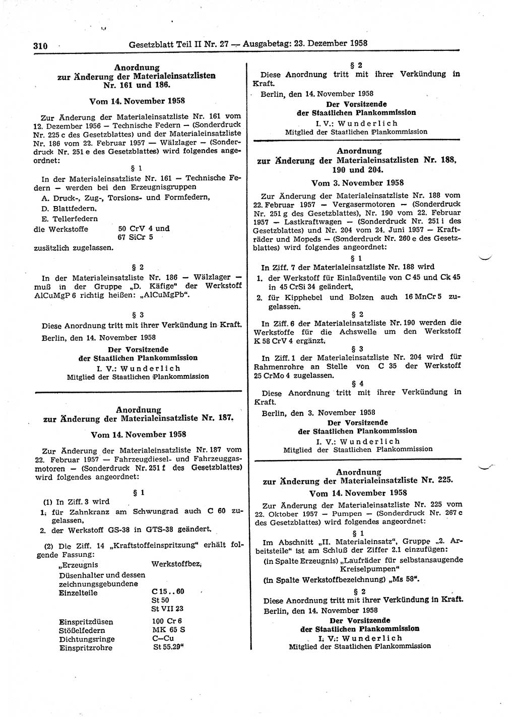 Gesetzblatt (GBl.) der Deutschen Demokratischen Republik (DDR) Teil ⅠⅠ 1958, Seite 310 (GBl. DDR ⅠⅠ 1958, S. 310)