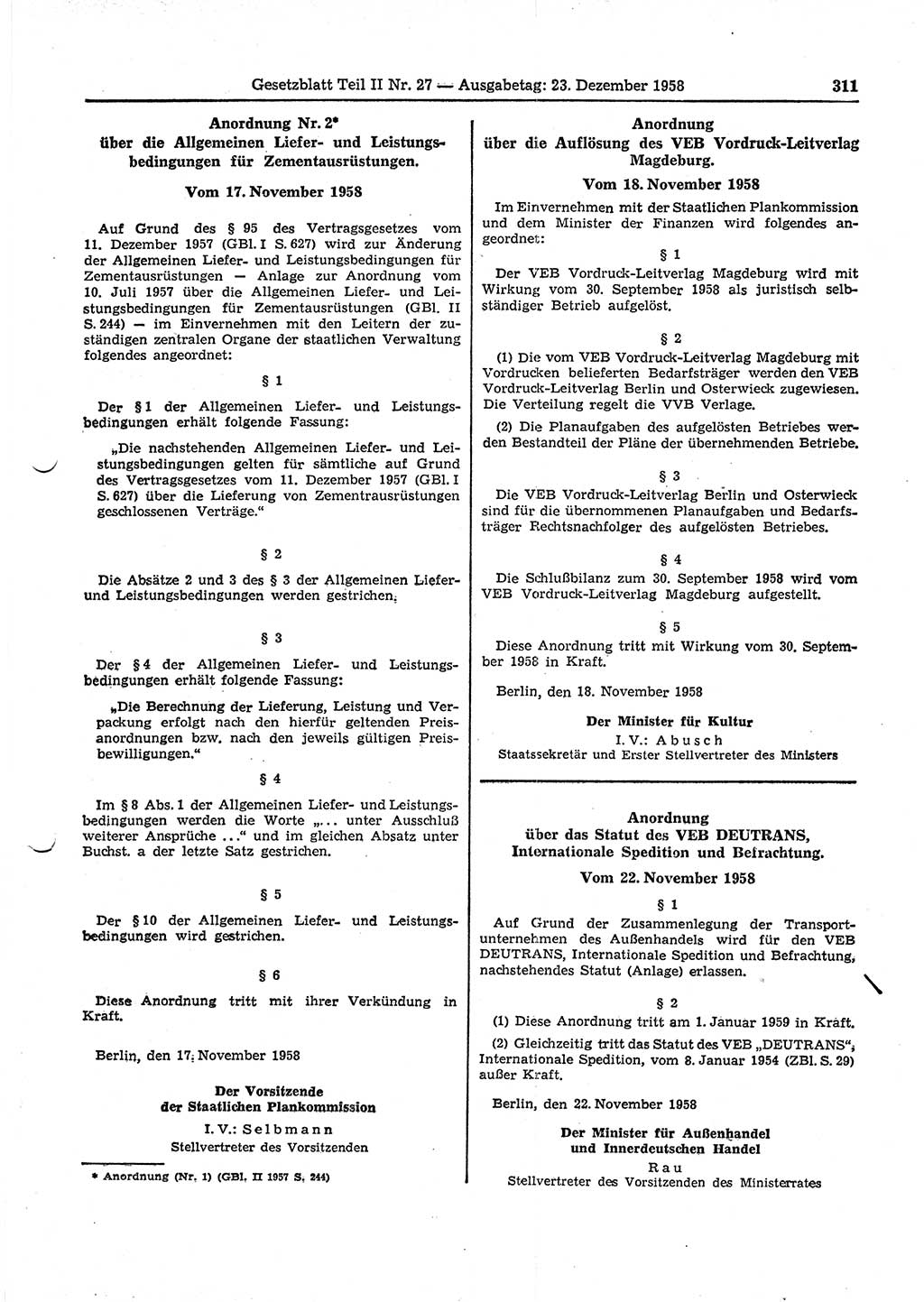 Gesetzblatt (GBl.) der Deutschen Demokratischen Republik (DDR) Teil ⅠⅠ 1958, Seite 311 (GBl. DDR ⅠⅠ 1958, S. 311)