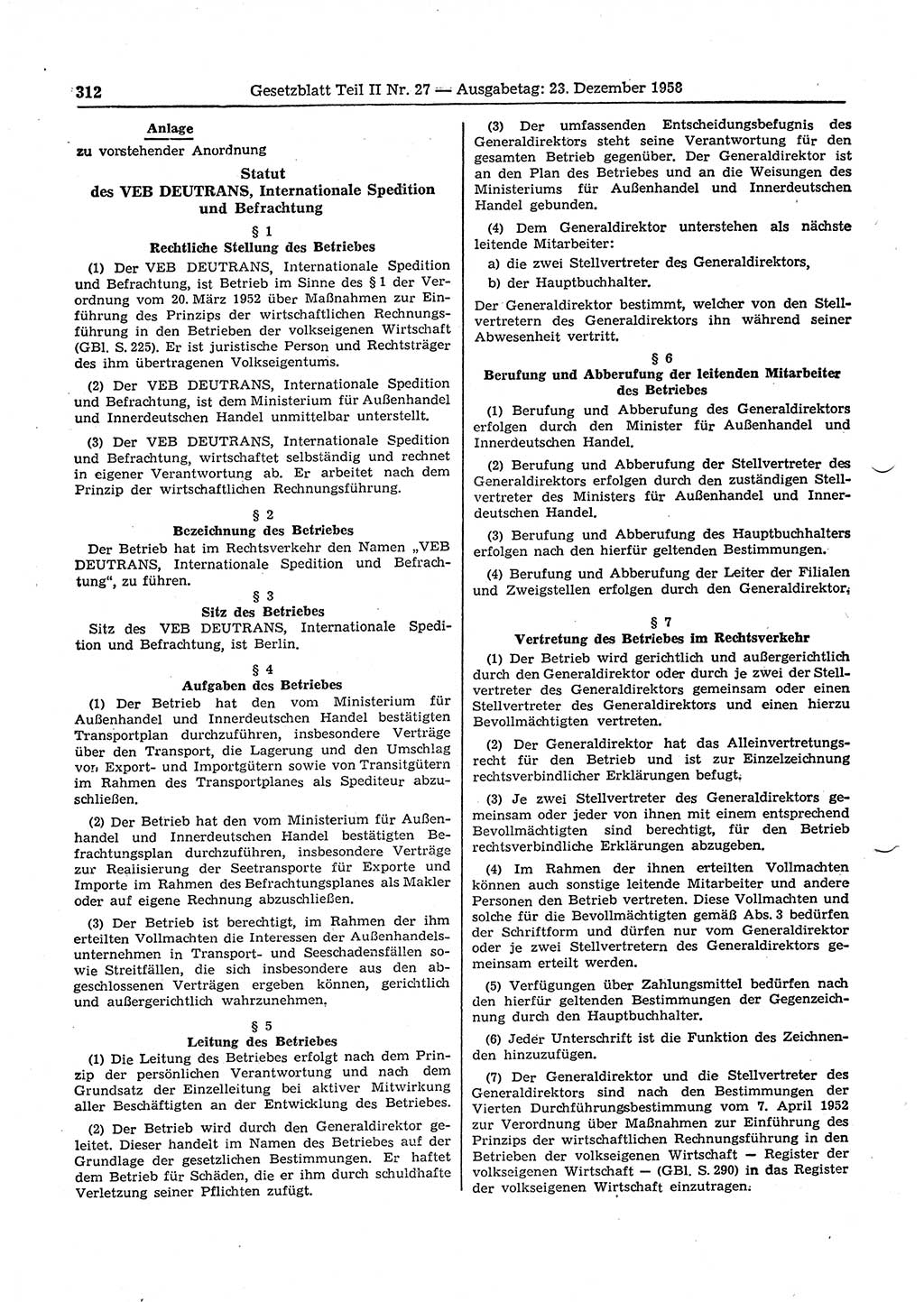 Gesetzblatt (GBl.) der Deutschen Demokratischen Republik (DDR) Teil ⅠⅠ 1958, Seite 312 (GBl. DDR ⅠⅠ 1958, S. 312)