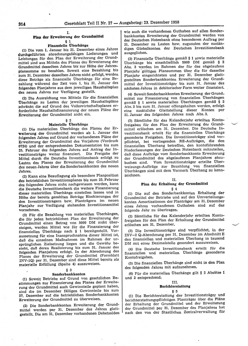 Gesetzblatt (GBl.) der Deutschen Demokratischen Republik (DDR) Teil ⅠⅠ 1958, Seite 314 (GBl. DDR ⅠⅠ 1958, S. 314)