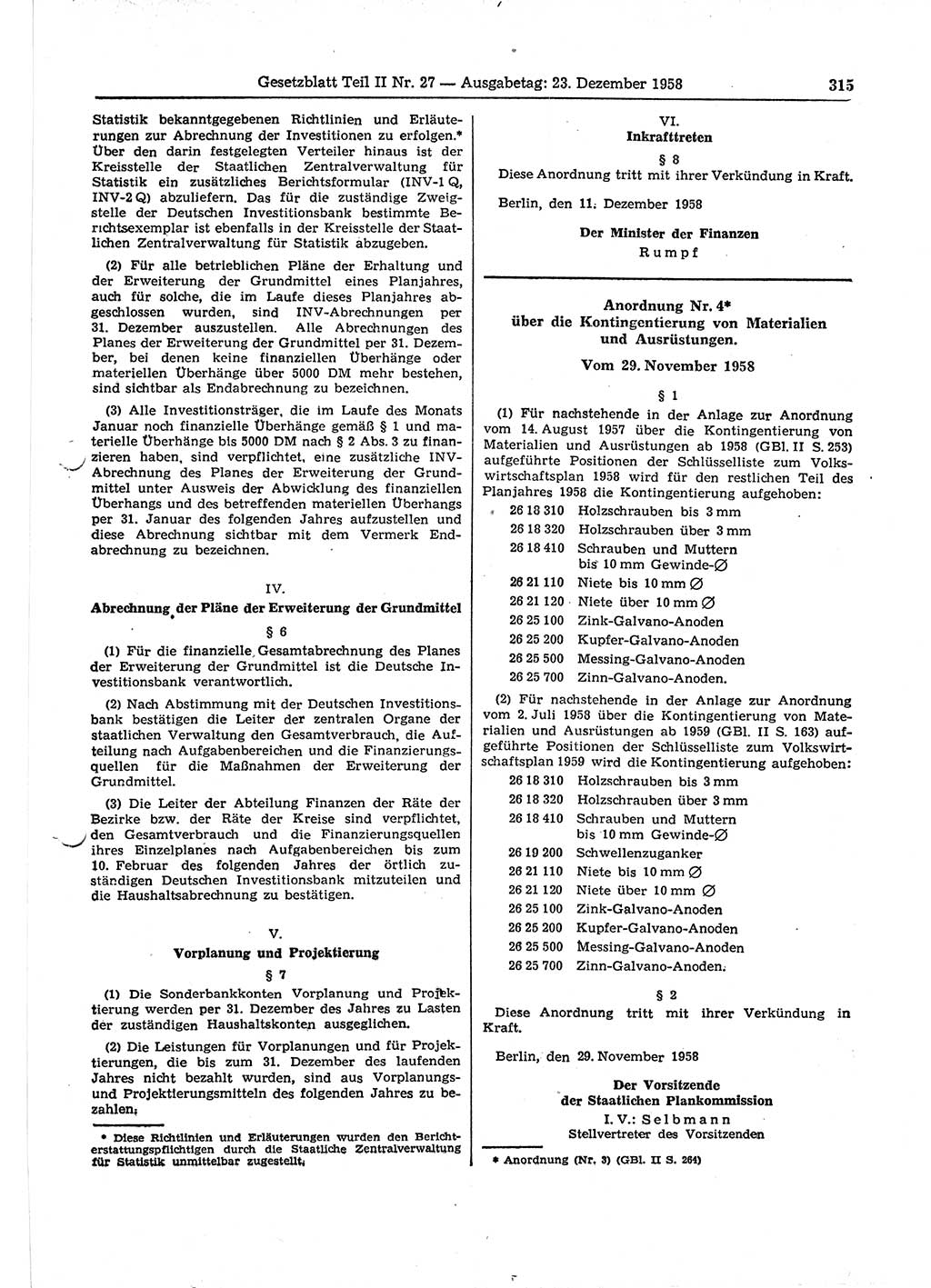 Gesetzblatt (GBl.) der Deutschen Demokratischen Republik (DDR) Teil ⅠⅠ 1958, Seite 315 (GBl. DDR ⅠⅠ 1958, S. 315)