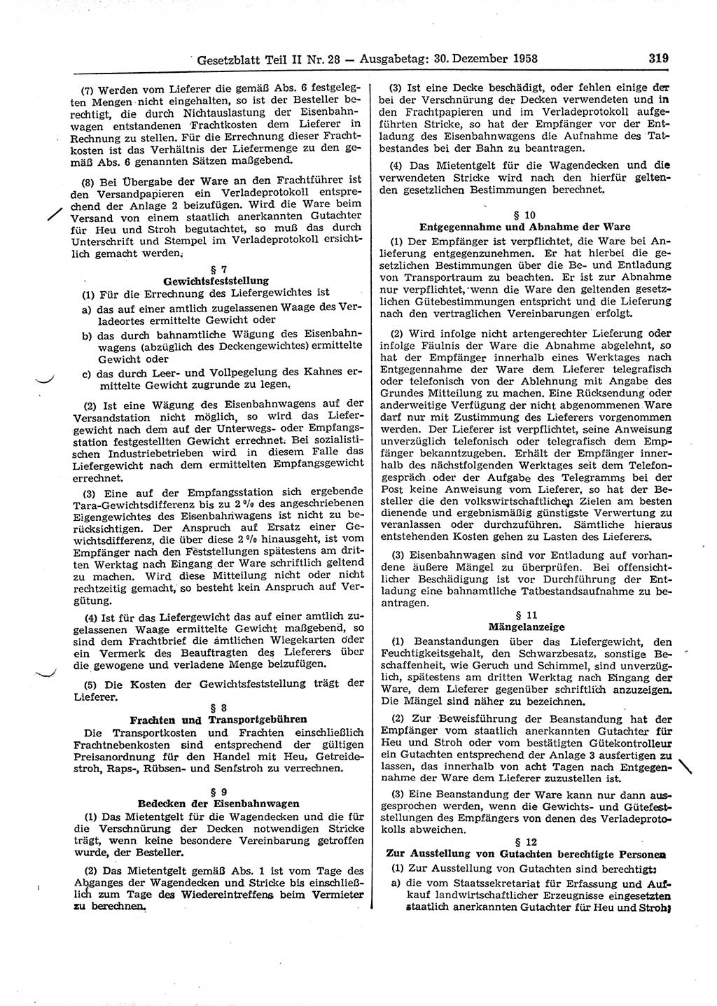 Gesetzblatt (GBl.) der Deutschen Demokratischen Republik (DDR) Teil ⅠⅠ 1958, Seite 319 (GBl. DDR ⅠⅠ 1958, S. 319)