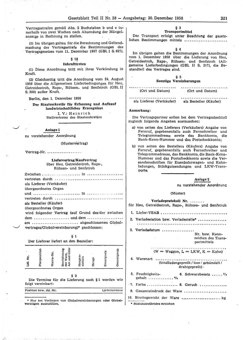 Gesetzblatt (GBl.) der Deutschen Demokratischen Republik (DDR) Teil ⅠⅠ 1958, Seite 321 (GBl. DDR ⅠⅠ 1958, S. 321)
