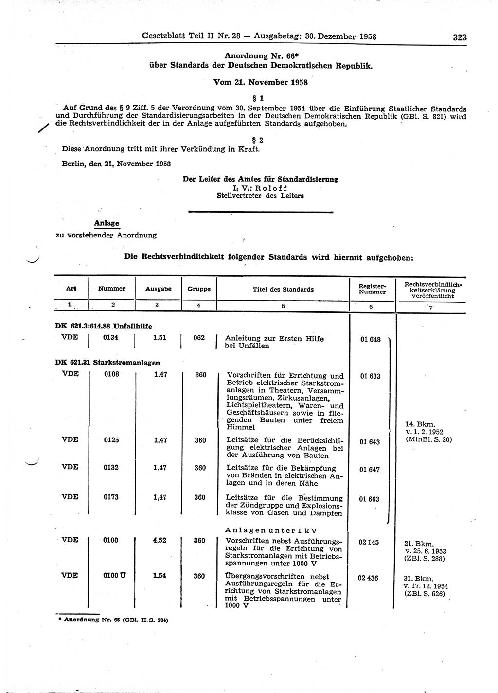 Gesetzblatt (GBl.) der Deutschen Demokratischen Republik (DDR) Teil ⅠⅠ 1958, Seite 323 (GBl. DDR ⅠⅠ 1958, S. 323)