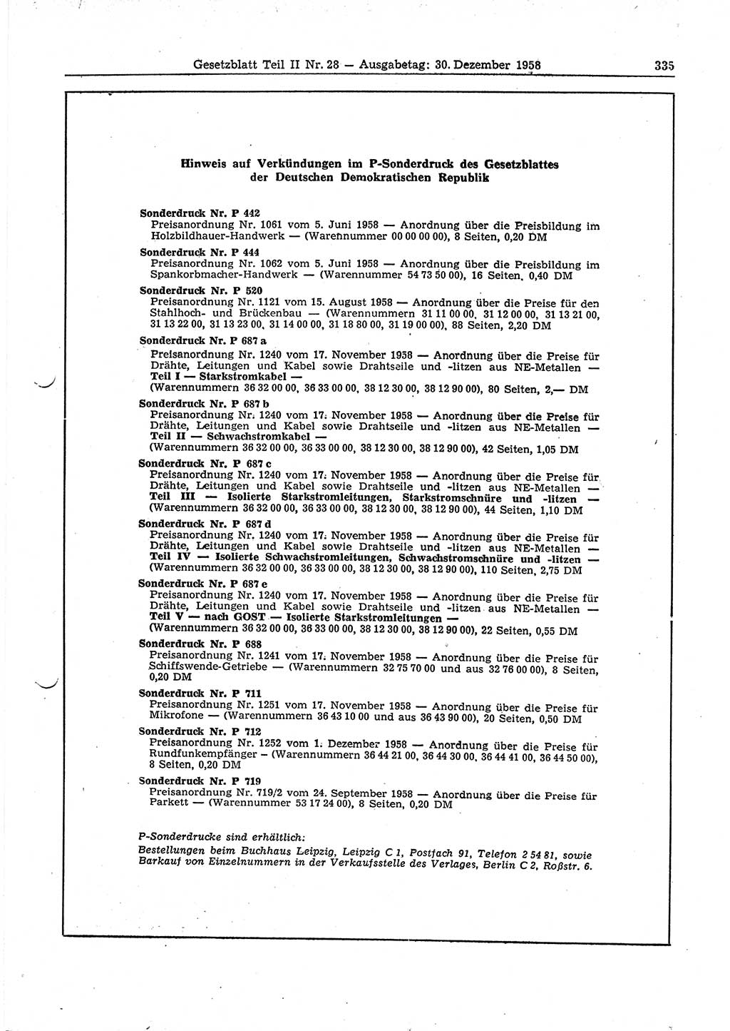 Gesetzblatt (GBl.) der Deutschen Demokratischen Republik (DDR) Teil ⅠⅠ 1958, Seite 335 (GBl. DDR ⅠⅠ 1958, S. 335)
