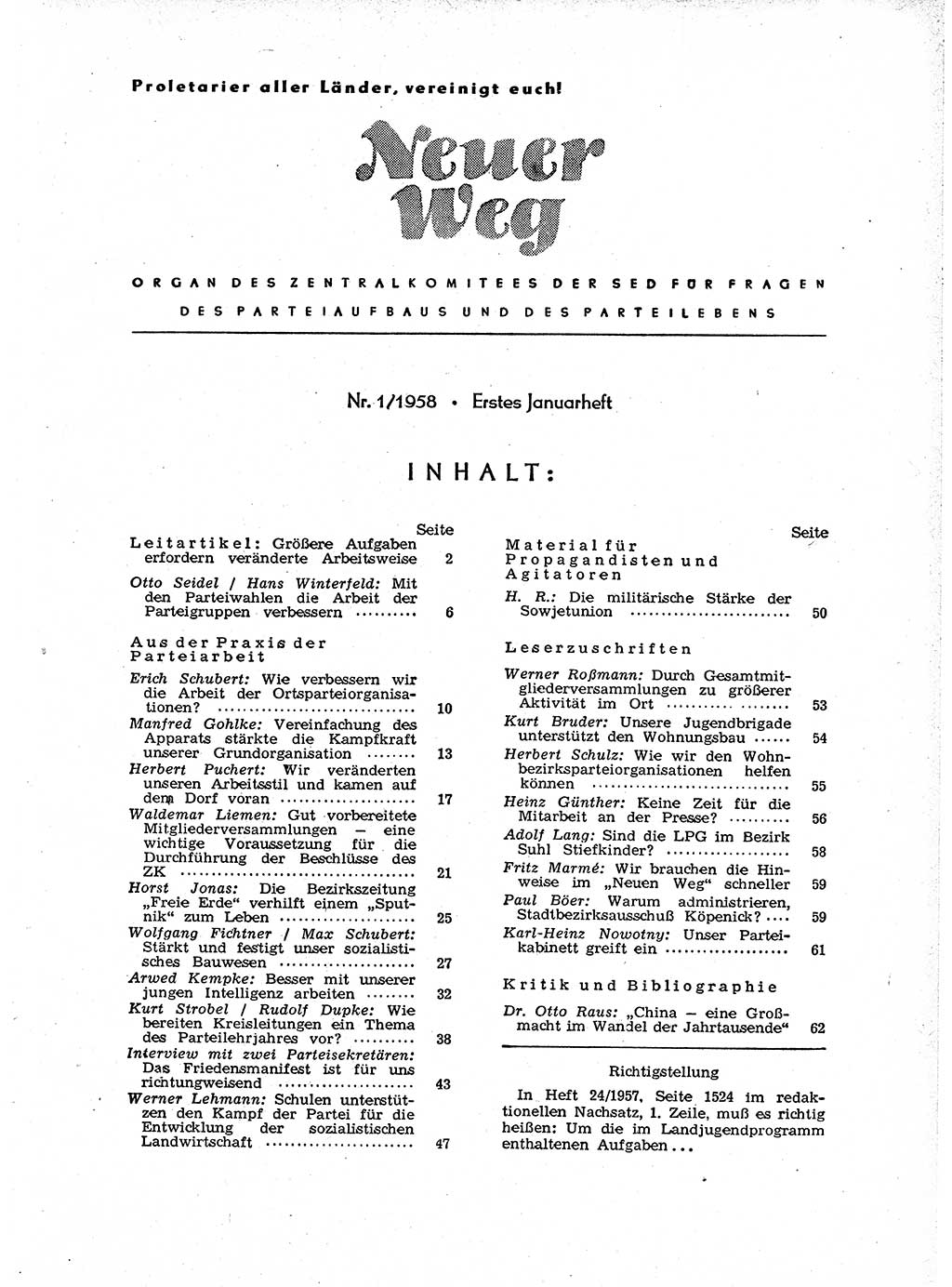 Neuer Weg (NW), Organ des Zentralkomitees (ZK) der SED (Sozialistische Einheitspartei Deutschlands) für Fragen des Parteiaufbaus und des Parteilebens, [Deutsche Demokratische Republik (DDR)] 13. Jahrgang 1958, Seite 1 (NW ZK SED DDR 1958, S. 1)