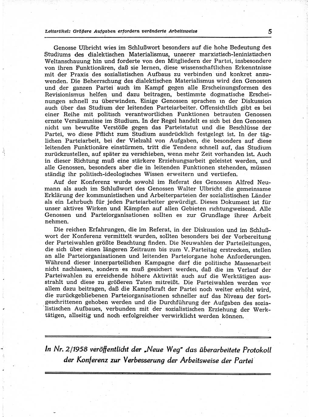 Neuer Weg (NW), Organ des Zentralkomitees (ZK) der SED (Sozialistische Einheitspartei Deutschlands) für Fragen des Parteiaufbaus und des Parteilebens, [Deutsche Demokratische Republik (DDR)] 13. Jahrgang 1958, Seite 5 (NW ZK SED DDR 1958, S. 5)