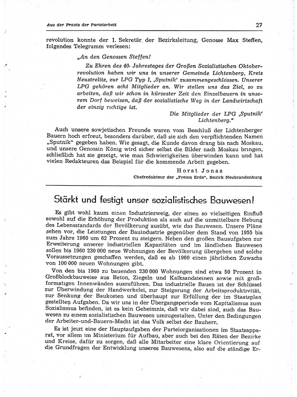 Neuer Weg (NW), Organ des Zentralkomitees (ZK) der SED (Sozialistische Einheitspartei Deutschlands) für Fragen des Parteiaufbaus und des Parteilebens, [Deutsche Demokratische Republik (DDR)] 13. Jahrgang 1958, Seite 27 (NW ZK SED DDR 1958, S. 27)