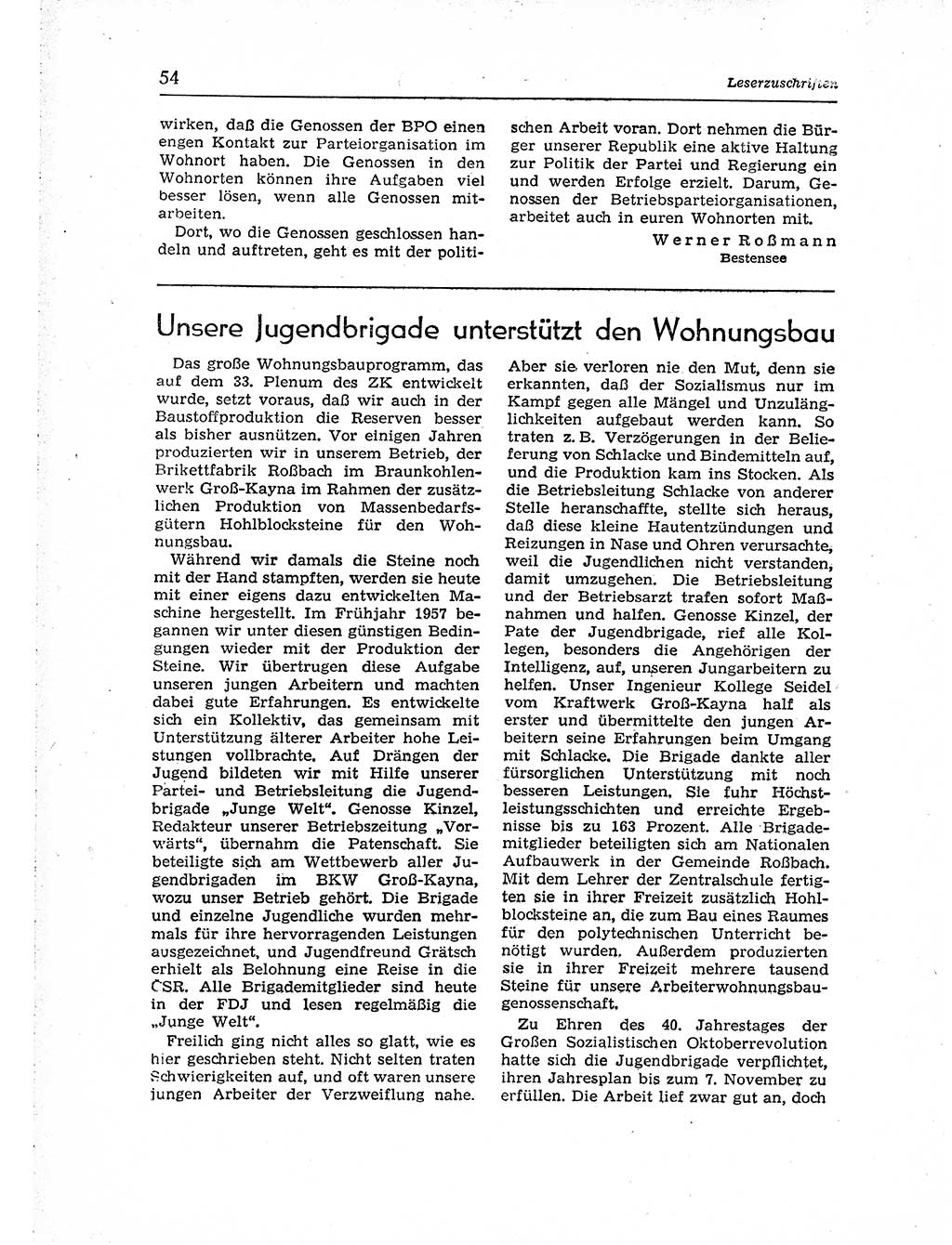 Neuer Weg (NW), Organ des Zentralkomitees (ZK) der SED (Sozialistische Einheitspartei Deutschlands) für Fragen des Parteiaufbaus und des Parteilebens, [Deutsche Demokratische Republik (DDR)] 13. Jahrgang 1958, Seite 54 (NW ZK SED DDR 1958, S. 54)