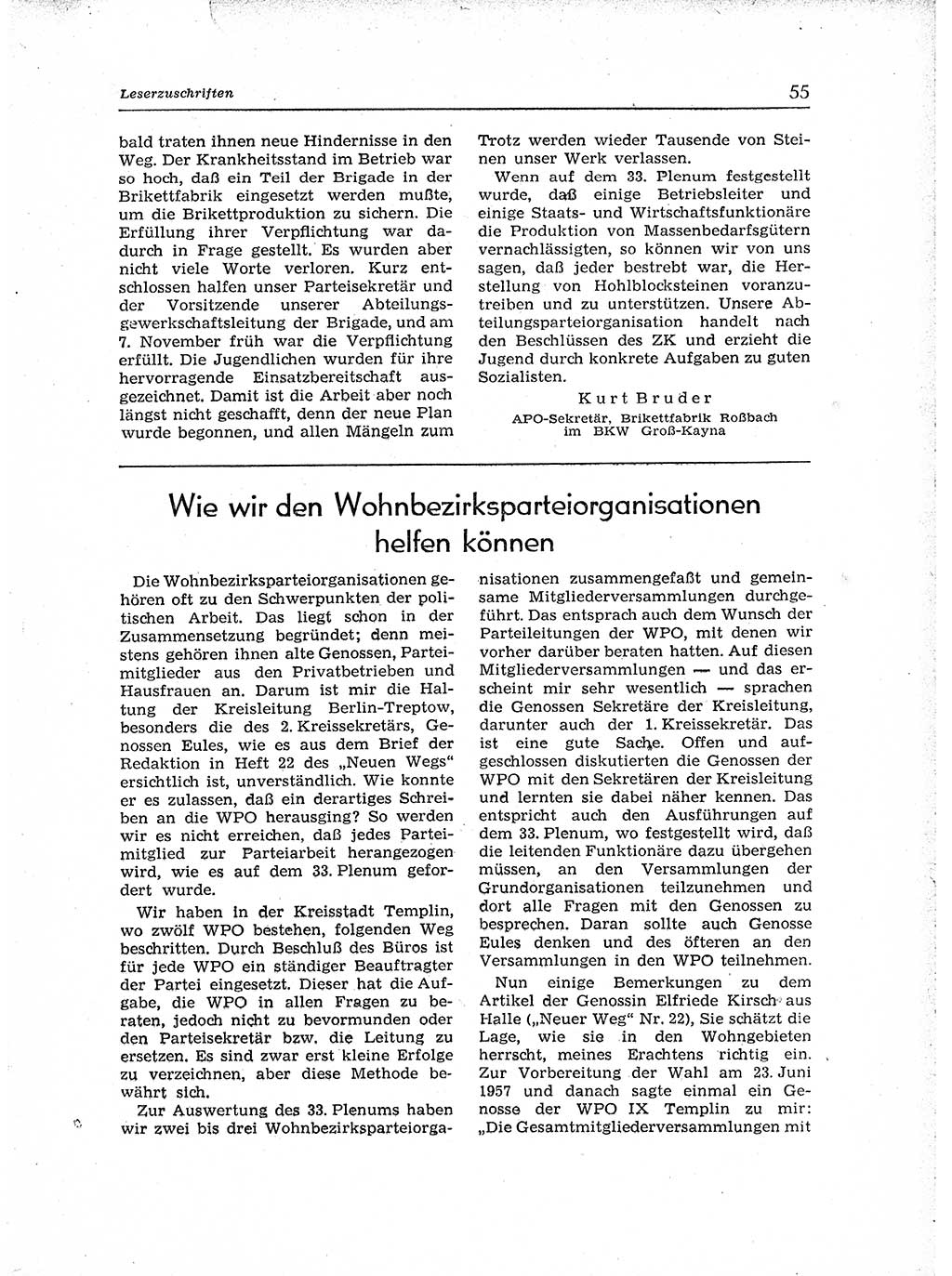 Neuer Weg (NW), Organ des Zentralkomitees (ZK) der SED (Sozialistische Einheitspartei Deutschlands) für Fragen des Parteiaufbaus und des Parteilebens, [Deutsche Demokratische Republik (DDR)] 13. Jahrgang 1958, Seite 55 (NW ZK SED DDR 1958, S. 55)