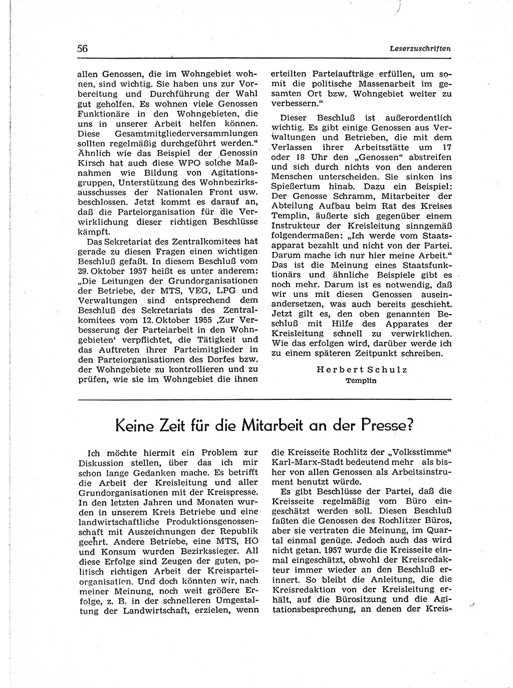 Neuer Weg (NW), Organ des Zentralkomitees (ZK) der SED (Sozialistische Einheitspartei Deutschlands) für Fragen des Parteiaufbaus und des Parteilebens, [Deutsche Demokratische Republik (DDR)] 13. Jahrgang 1958, Seite 56 (NW ZK SED DDR 1958, S. 56)