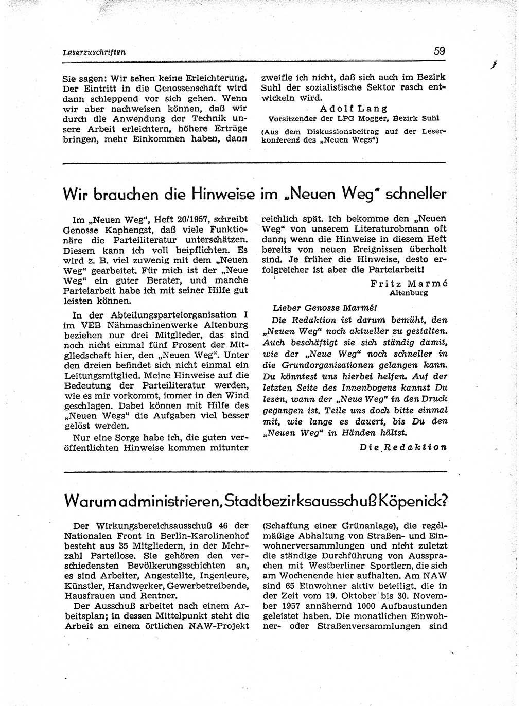 Neuer Weg (NW), Organ des Zentralkomitees (ZK) der SED (Sozialistische Einheitspartei Deutschlands) für Fragen des Parteiaufbaus und des Parteilebens, [Deutsche Demokratische Republik (DDR)] 13. Jahrgang 1958, Seite 59 (NW ZK SED DDR 1958, S. 59)