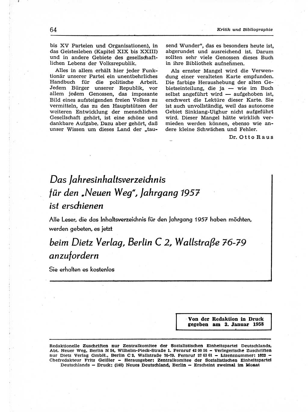Neuer Weg (NW), Organ des Zentralkomitees (ZK) der SED (Sozialistische Einheitspartei Deutschlands) für Fragen des Parteiaufbaus und des Parteilebens, [Deutsche Demokratische Republik (DDR)] 13. Jahrgang 1958, Seite 64 (NW ZK SED DDR 1958, S. 64)