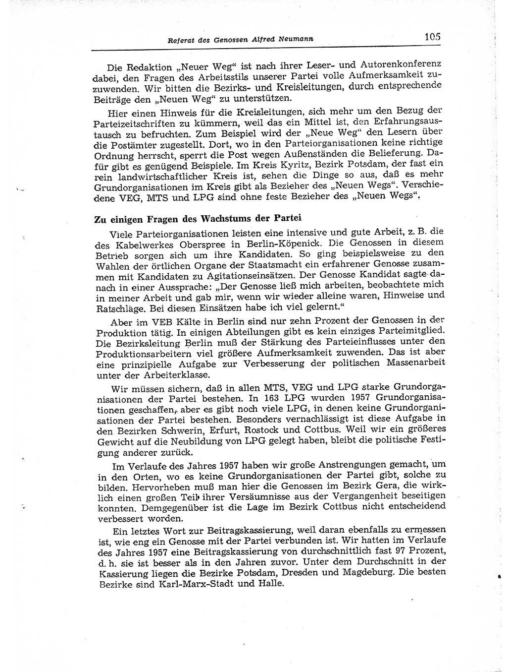 Neuer Weg (NW), Organ des Zentralkomitees (ZK) der SED (Sozialistische Einheitspartei Deutschlands) für Fragen des Parteiaufbaus und des Parteilebens, [Deutsche Demokratische Republik (DDR)] 13. Jahrgang 1958, Seite 105 (NW ZK SED DDR 1958, S. 105)
