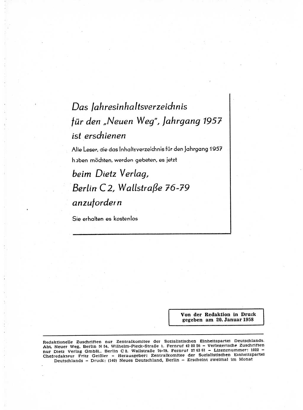 Neuer Weg (NW), Organ des Zentralkomitees (ZK) der SED (Sozialistische Einheitspartei Deutschlands) für Fragen des Parteiaufbaus und des Parteilebens, [Deutsche Demokratische Republik (DDR)] 13. Jahrgang 1958, Seite 224 (NW ZK SED DDR 1958, S. 224)