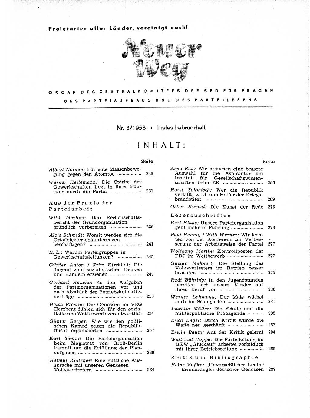 Neuer Weg (NW), Organ des Zentralkomitees (ZK) der SED (Sozialistische Einheitspartei Deutschlands) für Fragen des Parteiaufbaus und des Parteilebens, [Deutsche Demokratische Republik (DDR)] 13. Jahrgang 1958, Seite 225 (NW ZK SED DDR 1958, S. 225)