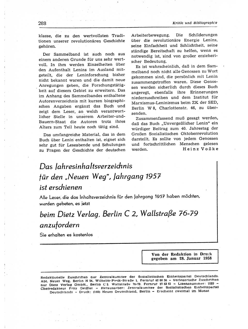 Neuer Weg (NW), Organ des Zentralkomitees (ZK) der SED (Sozialistische Einheitspartei Deutschlands) für Fragen des Parteiaufbaus und des Parteilebens, [Deutsche Demokratische Republik (DDR)] 13. Jahrgang 1958, Seite 288 (NW ZK SED DDR 1958, S. 288)