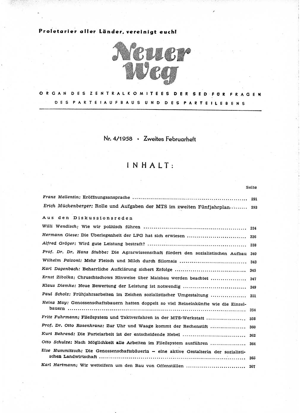 Neuer Weg (NW), Organ des Zentralkomitees (ZK) der SED (Sozialistische Einheitspartei Deutschlands) für Fragen des Parteiaufbaus und des Parteilebens, [Deutsche Demokratische Republik (DDR)] 13. Jahrgang 1958, Seite 289 (NW ZK SED DDR 1958, S. 289)