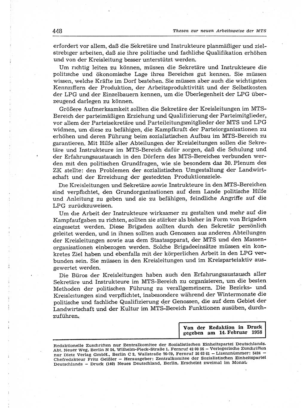 Neuer Weg (NW), Organ des Zentralkomitees (ZK) der SED (Sozialistische Einheitspartei Deutschlands) für Fragen des Parteiaufbaus und des Parteilebens, [Deutsche Demokratische Republik (DDR)] 13. Jahrgang 1958, Seite 448 (NW ZK SED DDR 1958, S. 448)