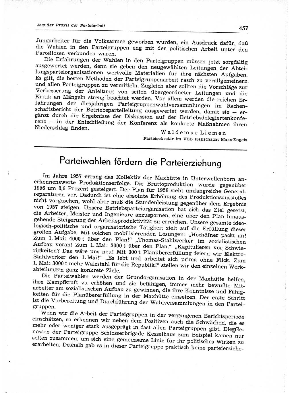 Neuer Weg (NW), Organ des Zentralkomitees (ZK) der SED (Sozialistische Einheitspartei Deutschlands) für Fragen des Parteiaufbaus und des Parteilebens, [Deutsche Demokratische Republik (DDR)] 13. Jahrgang 1958, Seite 457 (NW ZK SED DDR 1958, S. 457)