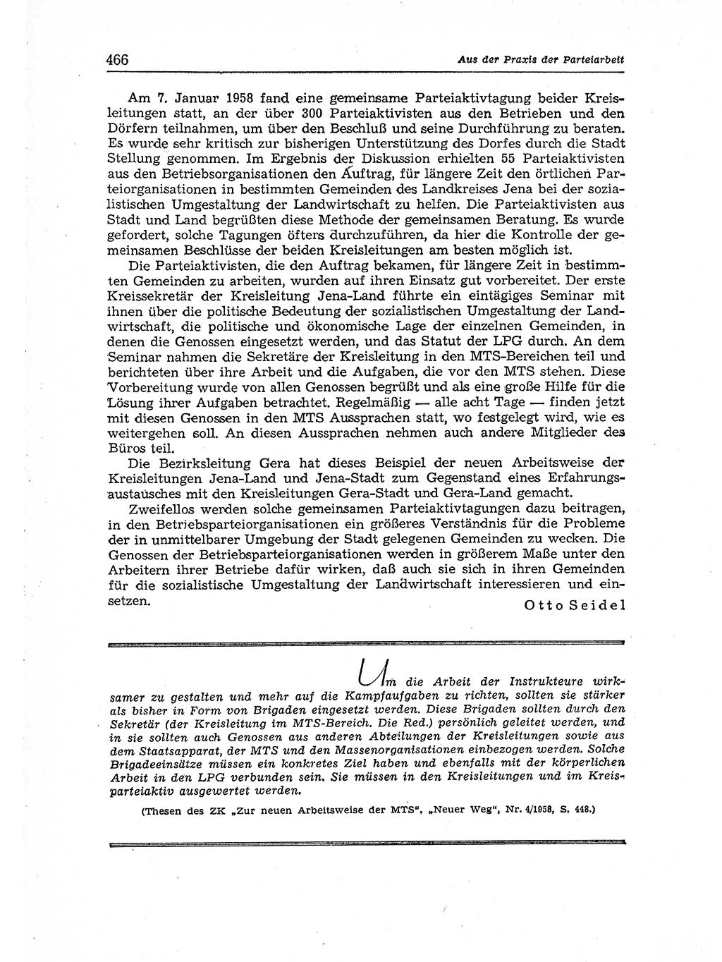 Neuer Weg (NW), Organ des Zentralkomitees (ZK) der SED (Sozialistische Einheitspartei Deutschlands) für Fragen des Parteiaufbaus und des Parteilebens, [Deutsche Demokratische Republik (DDR)] 13. Jahrgang 1958, Seite 466 (NW ZK SED DDR 1958, S. 466)
