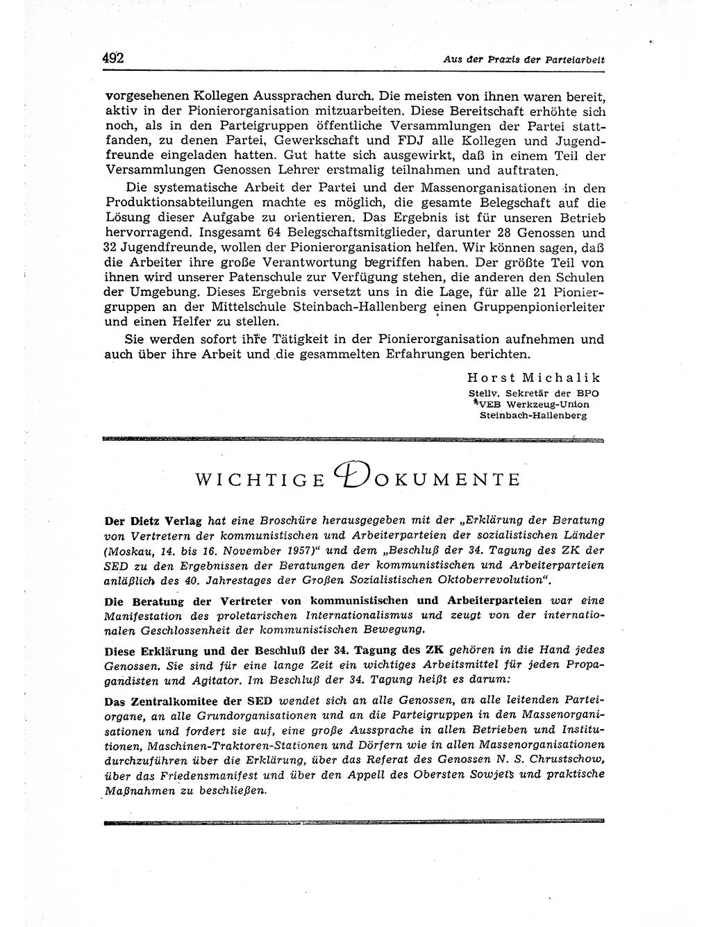 Neuer Weg (NW), Organ des Zentralkomitees (ZK) der SED (Sozialistische Einheitspartei Deutschlands) für Fragen des Parteiaufbaus und des Parteilebens, [Deutsche Demokratische Republik (DDR)] 13. Jahrgang 1958, Seite 492 (NW ZK SED DDR 1958, S. 492)