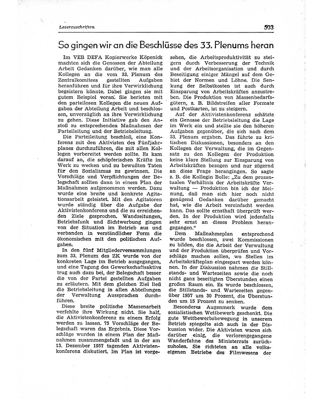 Neuer Weg (NW), Organ des Zentralkomitees (ZK) der SED (Sozialistische Einheitspartei Deutschlands) für Fragen des Parteiaufbaus und des Parteilebens, [Deutsche Demokratische Republik (DDR)] 13. Jahrgang 1958, Seite 503 (NW ZK SED DDR 1958, S. 503)