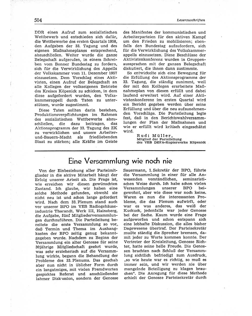 Neuer Weg (NW), Organ des Zentralkomitees (ZK) der SED (Sozialistische Einheitspartei Deutschlands) für Fragen des Parteiaufbaus und des Parteilebens, [Deutsche Demokratische Republik (DDR)] 13. Jahrgang 1958, Seite 504 (NW ZK SED DDR 1958, S. 504)