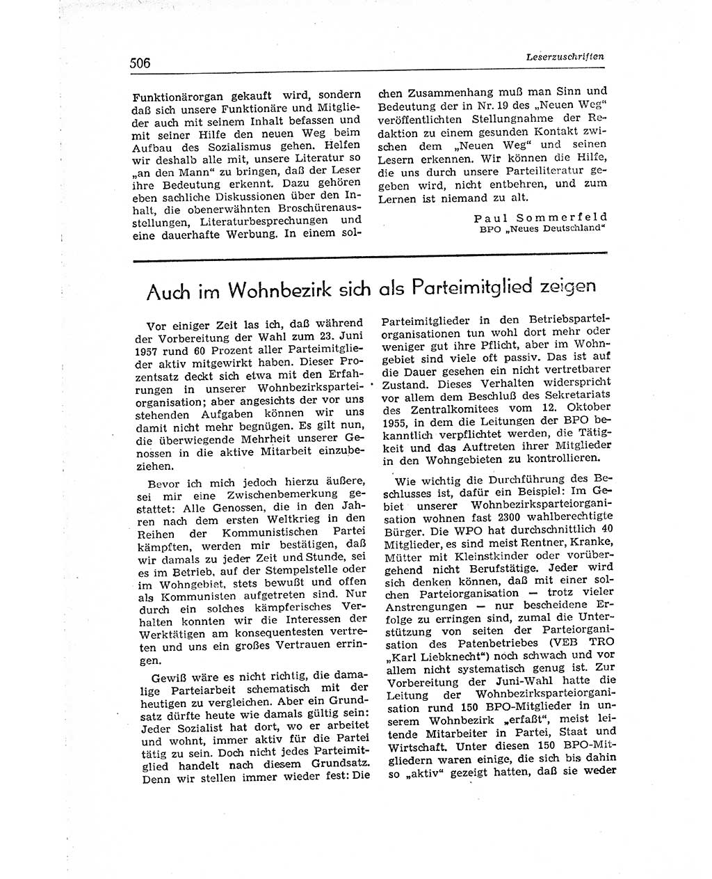 Neuer Weg (NW), Organ des Zentralkomitees (ZK) der SED (Sozialistische Einheitspartei Deutschlands) für Fragen des Parteiaufbaus und des Parteilebens, [Deutsche Demokratische Republik (DDR)] 13. Jahrgang 1958, Seite 506 (NW ZK SED DDR 1958, S. 506)