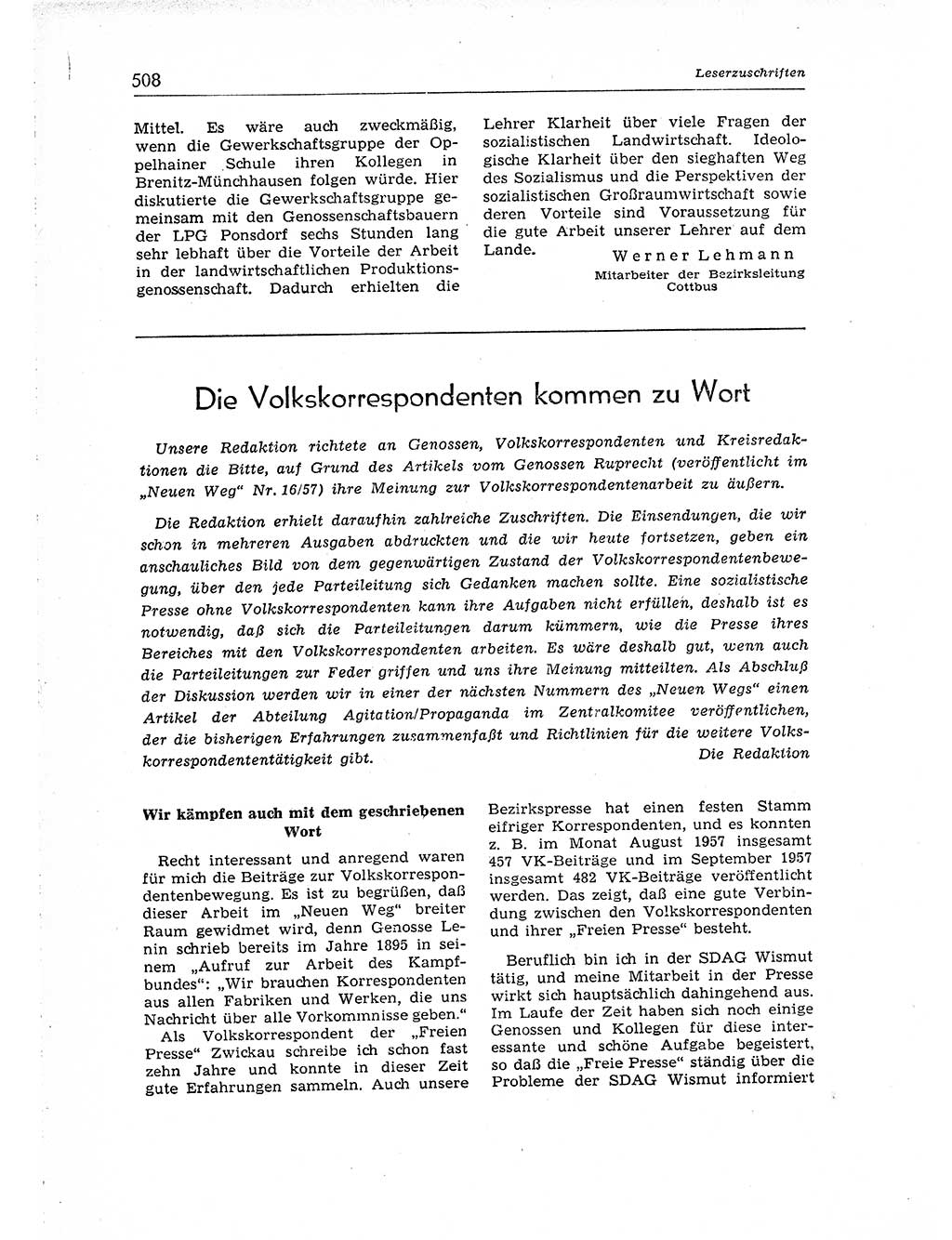 Neuer Weg (NW), Organ des Zentralkomitees (ZK) der SED (Sozialistische Einheitspartei Deutschlands) für Fragen des Parteiaufbaus und des Parteilebens, [Deutsche Demokratische Republik (DDR)] 13. Jahrgang 1958, Seite 508 (NW ZK SED DDR 1958, S. 508)