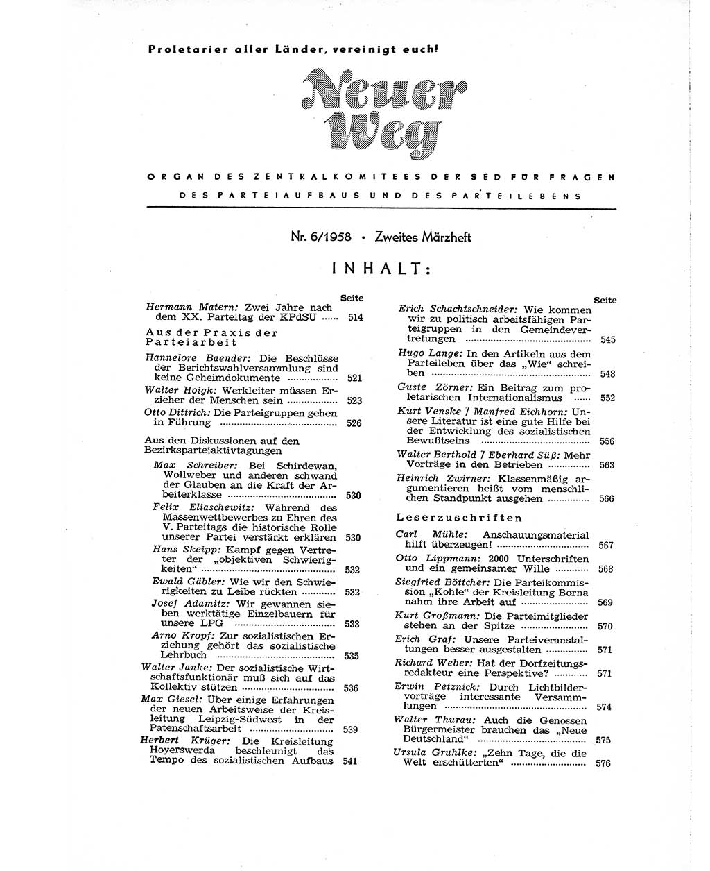 Neuer Weg (NW), Organ des Zentralkomitees (ZK) der SED (Sozialistische Einheitspartei Deutschlands) für Fragen des Parteiaufbaus und des Parteilebens, [Deutsche Demokratische Republik (DDR)] 13. Jahrgang 1958, Seite 513 (NW ZK SED DDR 1958, S. 513)