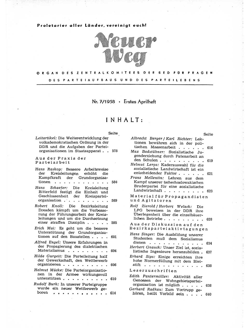 Neuer Weg (NW), Organ des Zentralkomitees (ZK) der SED (Sozialistische Einheitspartei Deutschlands) für Fragen des Parteiaufbaus und des Parteilebens, [Deutsche Demokratische Republik (DDR)] 13. Jahrgang 1958, Seite 577 (NW ZK SED DDR 1958, S. 577)