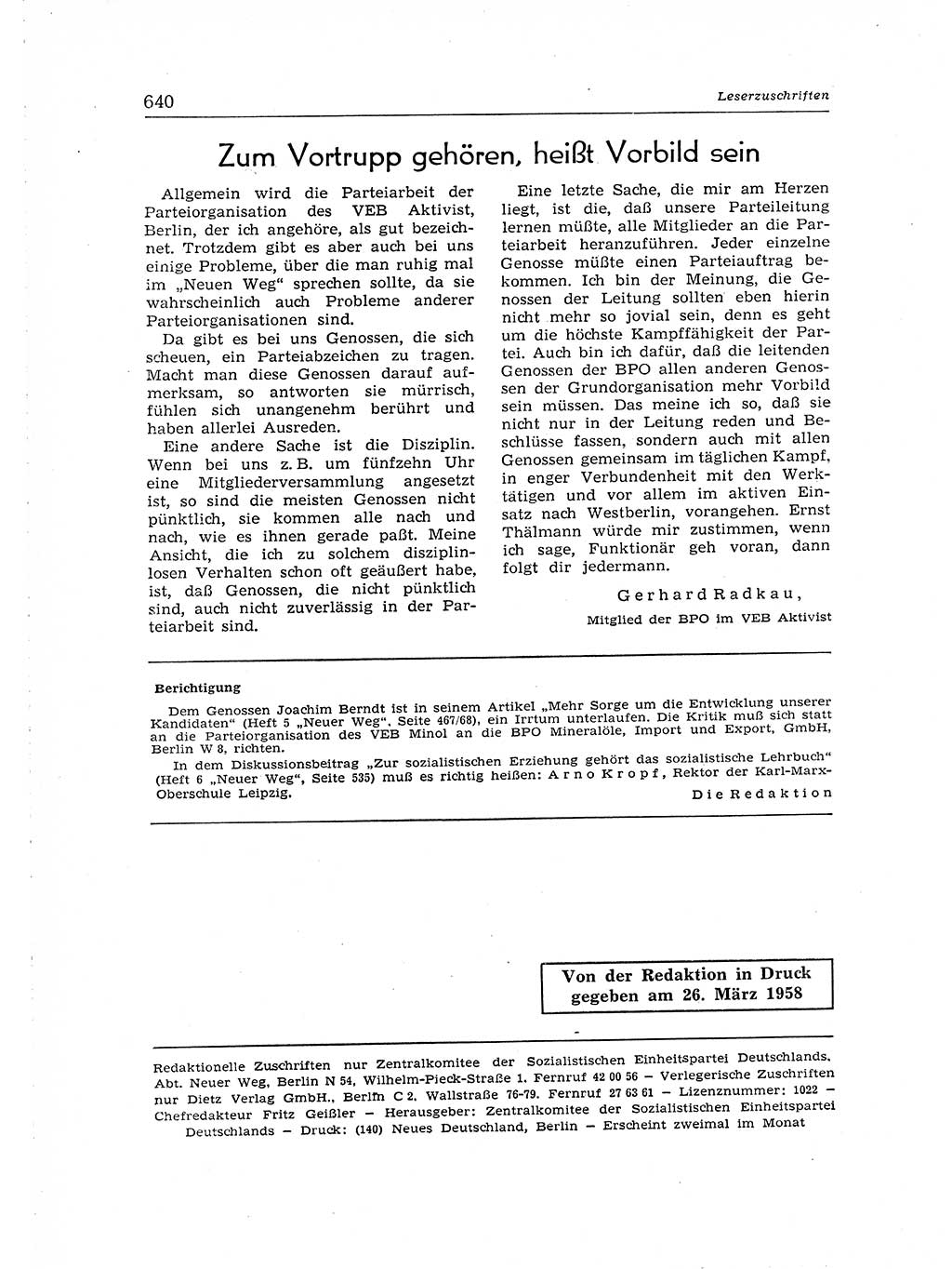 Neuer Weg (NW), Organ des Zentralkomitees (ZK) der SED (Sozialistische Einheitspartei Deutschlands) für Fragen des Parteiaufbaus und des Parteilebens, [Deutsche Demokratische Republik (DDR)] 13. Jahrgang 1958, Seite 640 (NW ZK SED DDR 1958, S. 640)