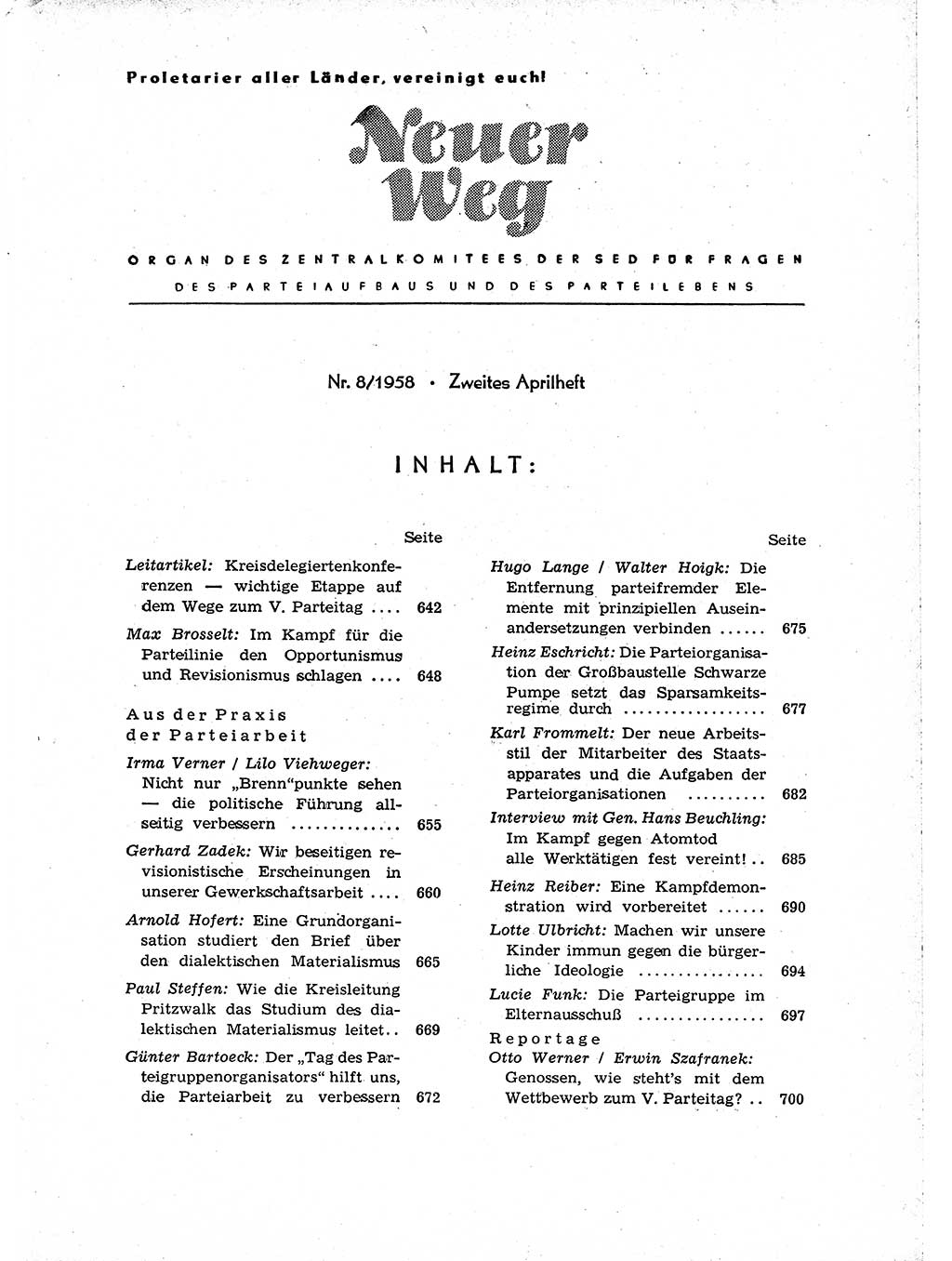 Neuer Weg (NW), Organ des Zentralkomitees (ZK) der SED (Sozialistische Einheitspartei Deutschlands) für Fragen des Parteiaufbaus und des Parteilebens, [Deutsche Demokratische Republik (DDR)] 13. Jahrgang 1958, Seite 641 (NW ZK SED DDR 1958, S. 641)