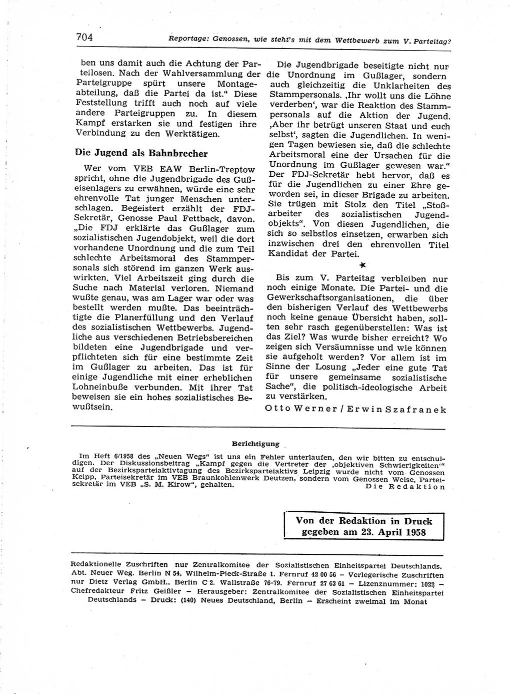 Neuer Weg (NW), Organ des Zentralkomitees (ZK) der SED (Sozialistische Einheitspartei Deutschlands) für Fragen des Parteiaufbaus und des Parteilebens, [Deutsche Demokratische Republik (DDR)] 13. Jahrgang 1958, Seite 704 (NW ZK SED DDR 1958, S. 704)