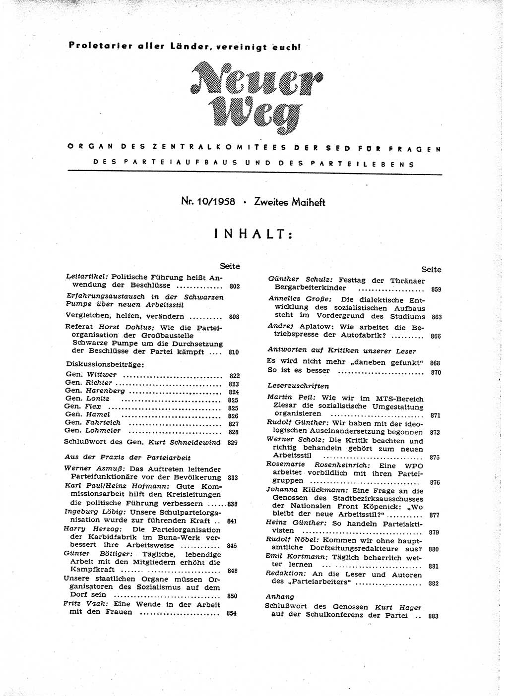 Neuer Weg (NW), Organ des Zentralkomitees (ZK) der SED (Sozialistische Einheitspartei Deutschlands) für Fragen des Parteiaufbaus und des Parteilebens, [Deutsche Demokratische Republik (DDR)] 13. Jahrgang 1958, Seite 801 (NW ZK SED DDR 1958, S. 801)