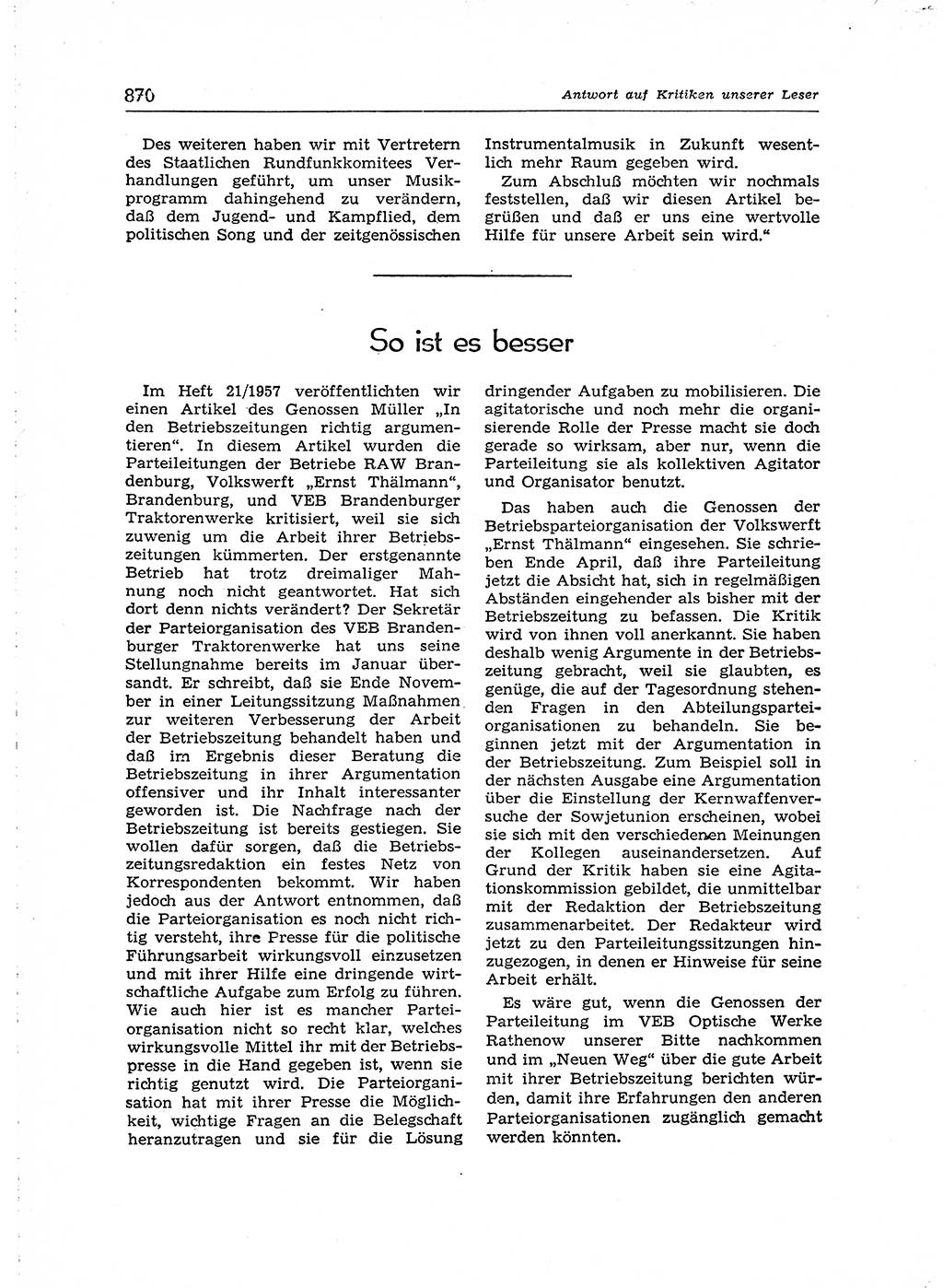 Neuer Weg (NW), Organ des Zentralkomitees (ZK) der SED (Sozialistische Einheitspartei Deutschlands) für Fragen des Parteiaufbaus und des Parteilebens, [Deutsche Demokratische Republik (DDR)] 13. Jahrgang 1958, Seite 870 (NW ZK SED DDR 1958, S. 870)