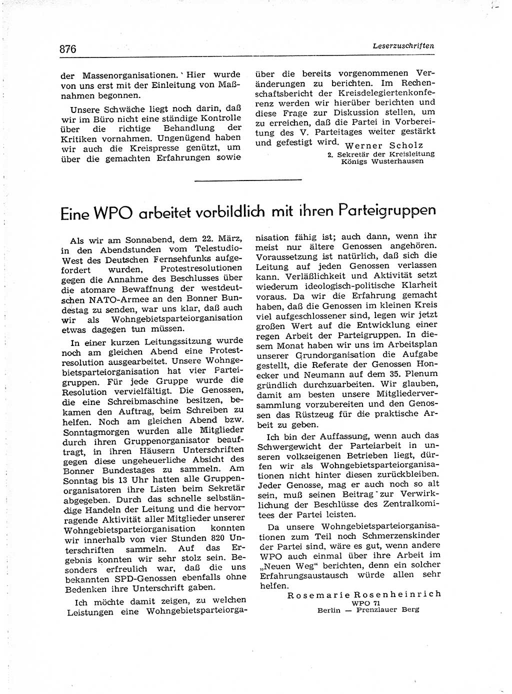 Neuer Weg (NW), Organ des Zentralkomitees (ZK) der SED (Sozialistische Einheitspartei Deutschlands) für Fragen des Parteiaufbaus und des Parteilebens, [Deutsche Demokratische Republik (DDR)] 13. Jahrgang 1958, Seite 876 (NW ZK SED DDR 1958, S. 876)
