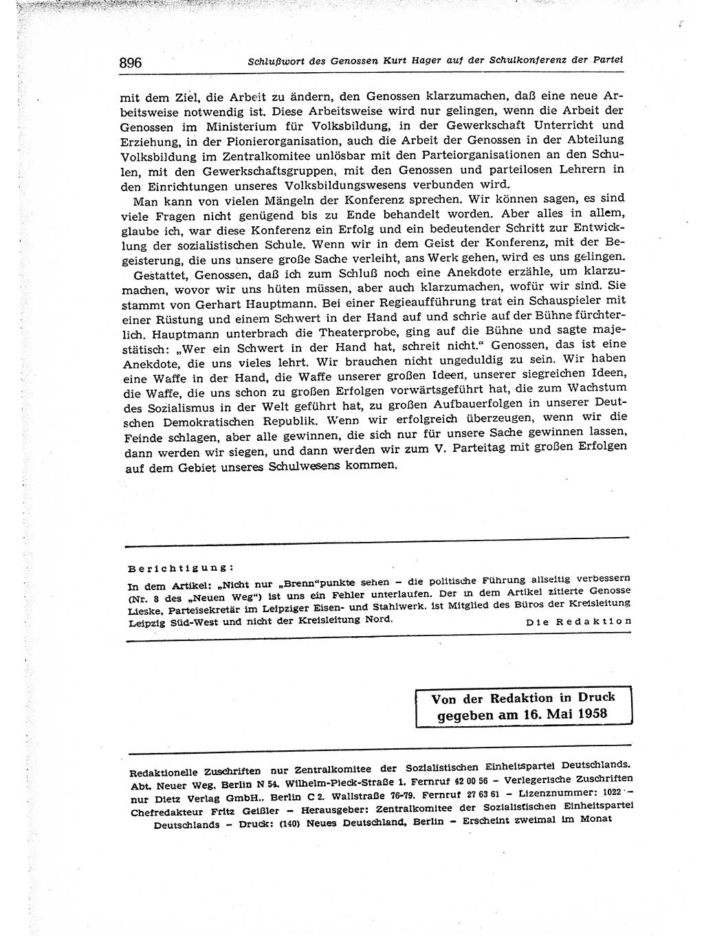 Neuer Weg (NW), Organ des Zentralkomitees (ZK) der SED (Sozialistische Einheitspartei Deutschlands) für Fragen des Parteiaufbaus und des Parteilebens, [Deutsche Demokratische Republik (DDR)] 13. Jahrgang 1958, Seite 896 (NW ZK SED DDR 1958, S. 896)