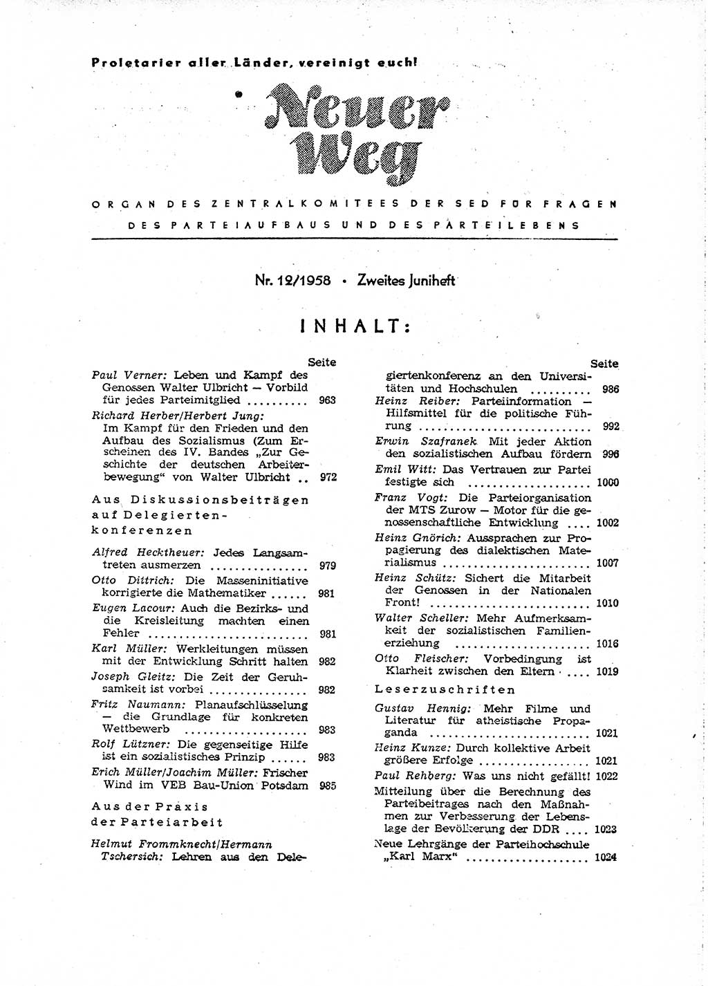 Neuer Weg (NW), Organ des Zentralkomitees (ZK) der SED (Sozialistische Einheitspartei Deutschlands) für Fragen des Parteiaufbaus und des Parteilebens, [Deutsche Demokratische Republik (DDR)] 13. Jahrgang 1958, Seite 961 (NW ZK SED DDR 1958, S. 961)