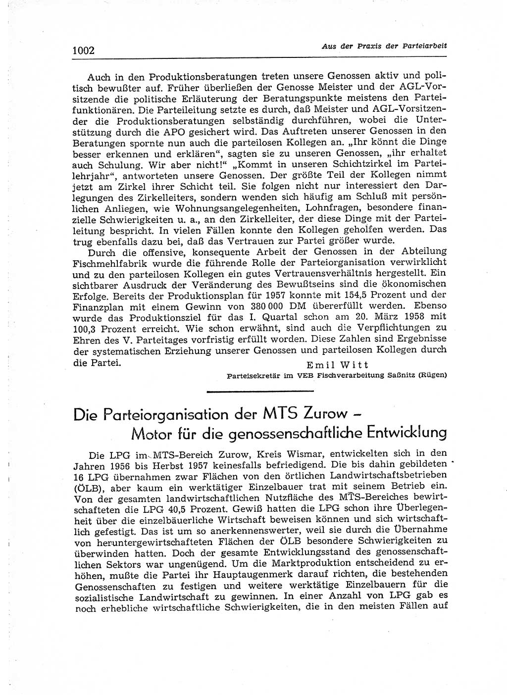 Neuer Weg (NW), Organ des Zentralkomitees (ZK) der SED (Sozialistische Einheitspartei Deutschlands) für Fragen des Parteiaufbaus und des Parteilebens, [Deutsche Demokratische Republik (DDR)] 13. Jahrgang 1958, Seite 1002 (NW ZK SED DDR 1958, S. 1002)